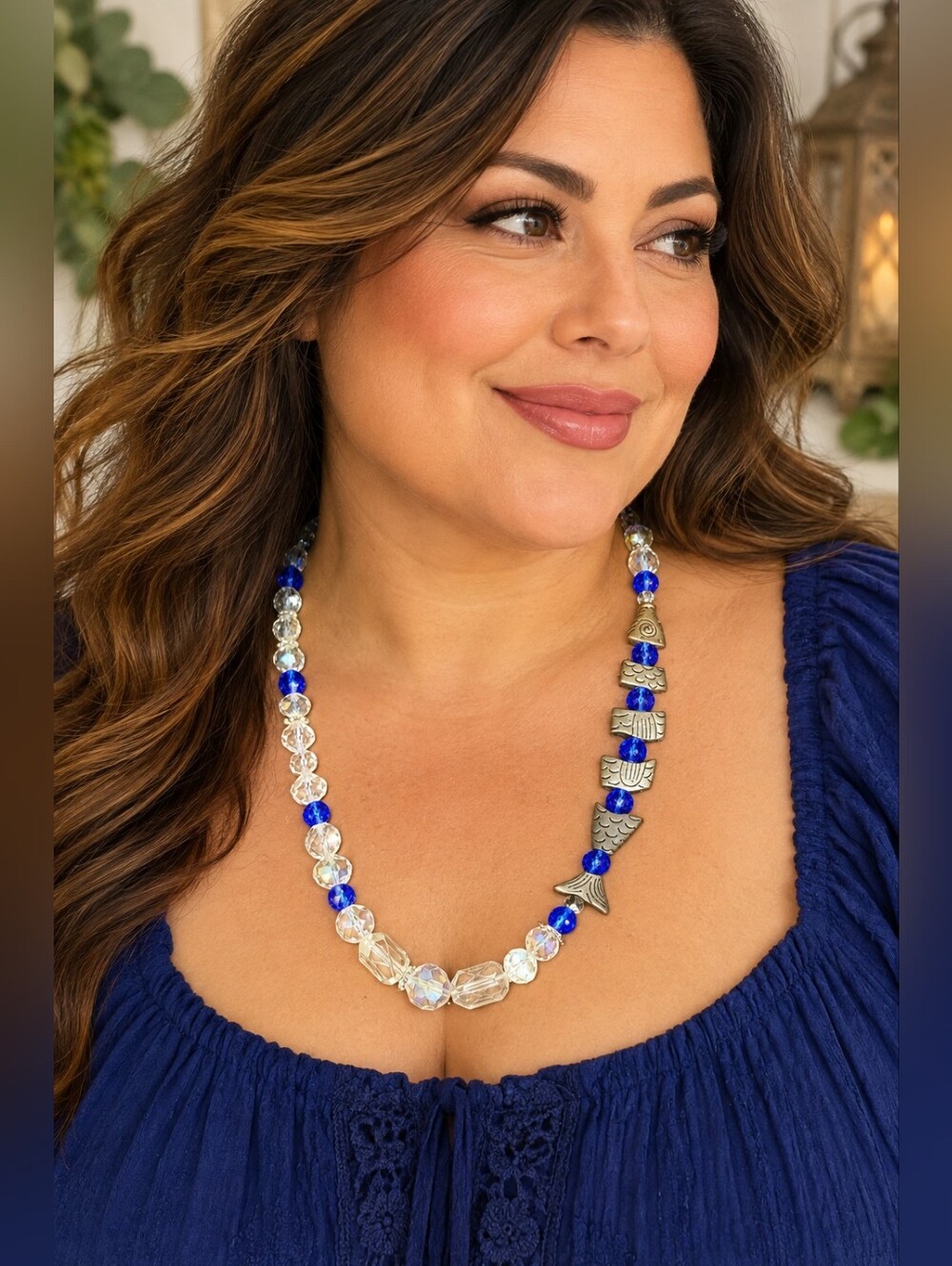 Greek Worry Fish Necklace Cobalt Blue Crystal Beaded Nautical 18"